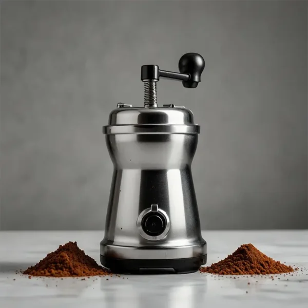 Coffee Grinder with Ground Coffee on White Background