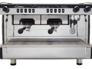 La Cimbali M23 UP Espresso machine with dual group heads, sleek steel design, and ergonomic features.